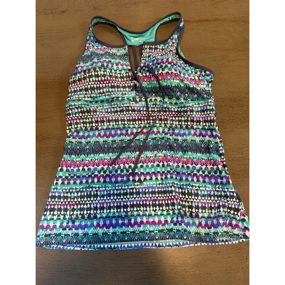 Free Country Womens  Lace Up Tankini Swim Top Blue Teal Purple Large 12/14